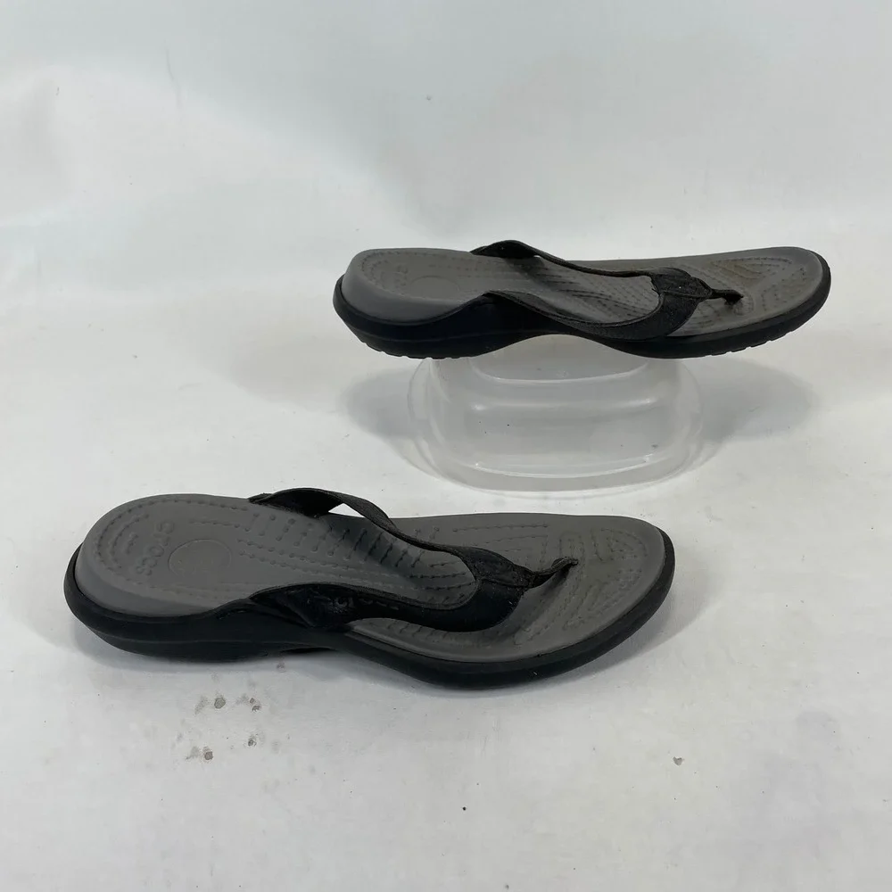 Crocs Yukon Mens Flip Flops Black Grey Leather Strap Sandals Size 9